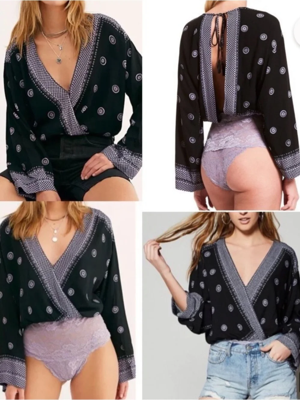 Free People Black Purple On Board Long Sleeve Bodysuit, Size M